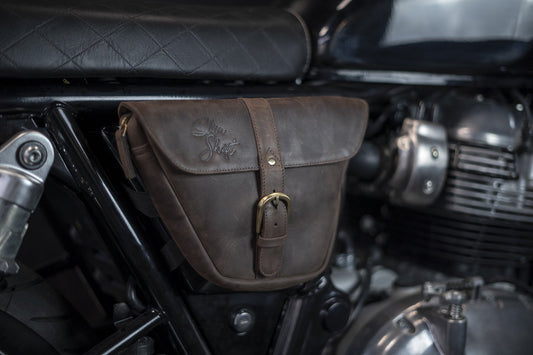 Brown leather side bag for Royal Enfield