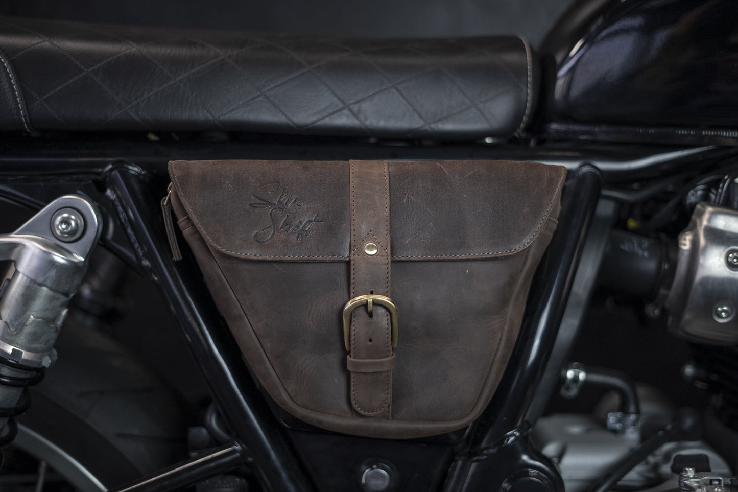 Brown leather side bag for Royal Enfield