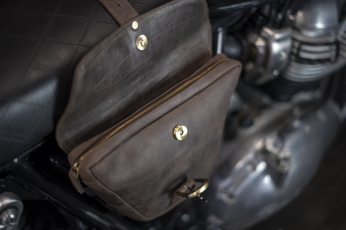 Brown leather side bag for Royal Enfield