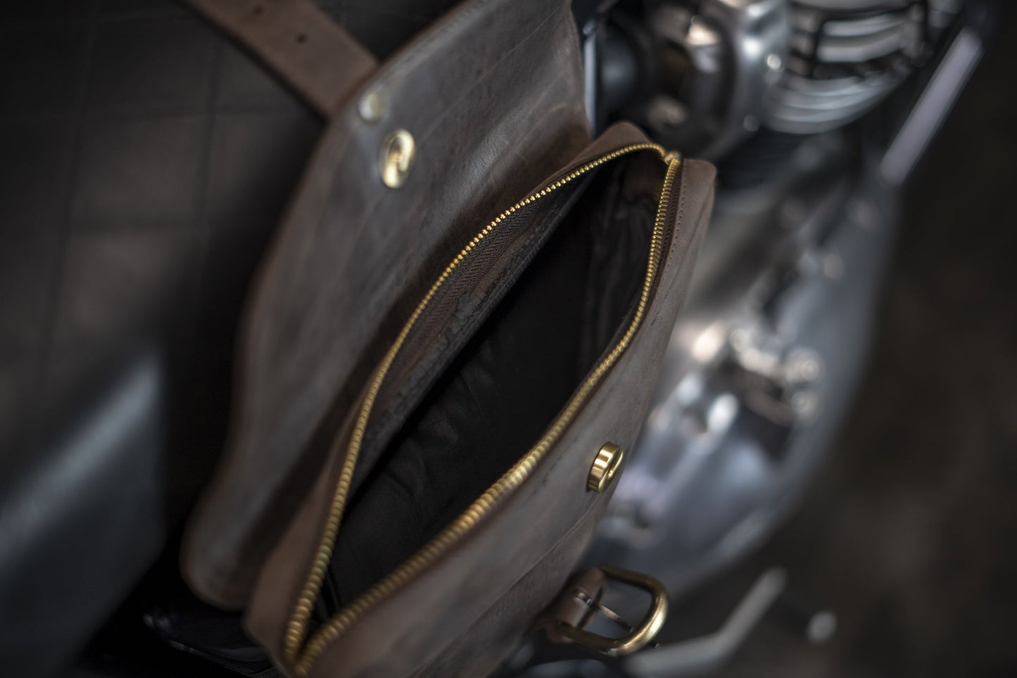 Brown leather side bag for Royal Enfield