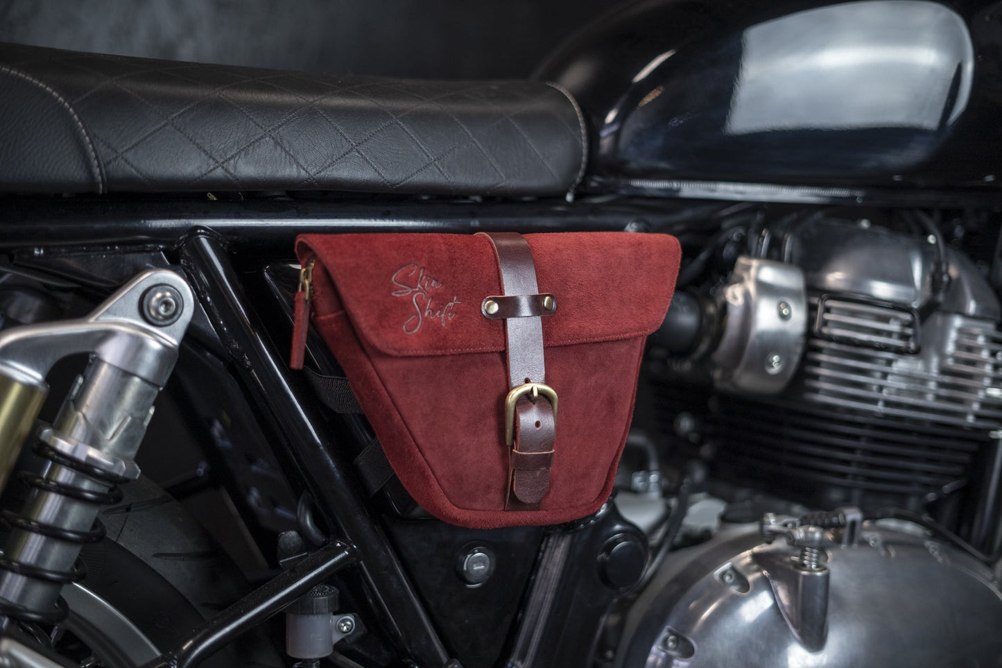 Burgundy leather side bag for Royal Enfield