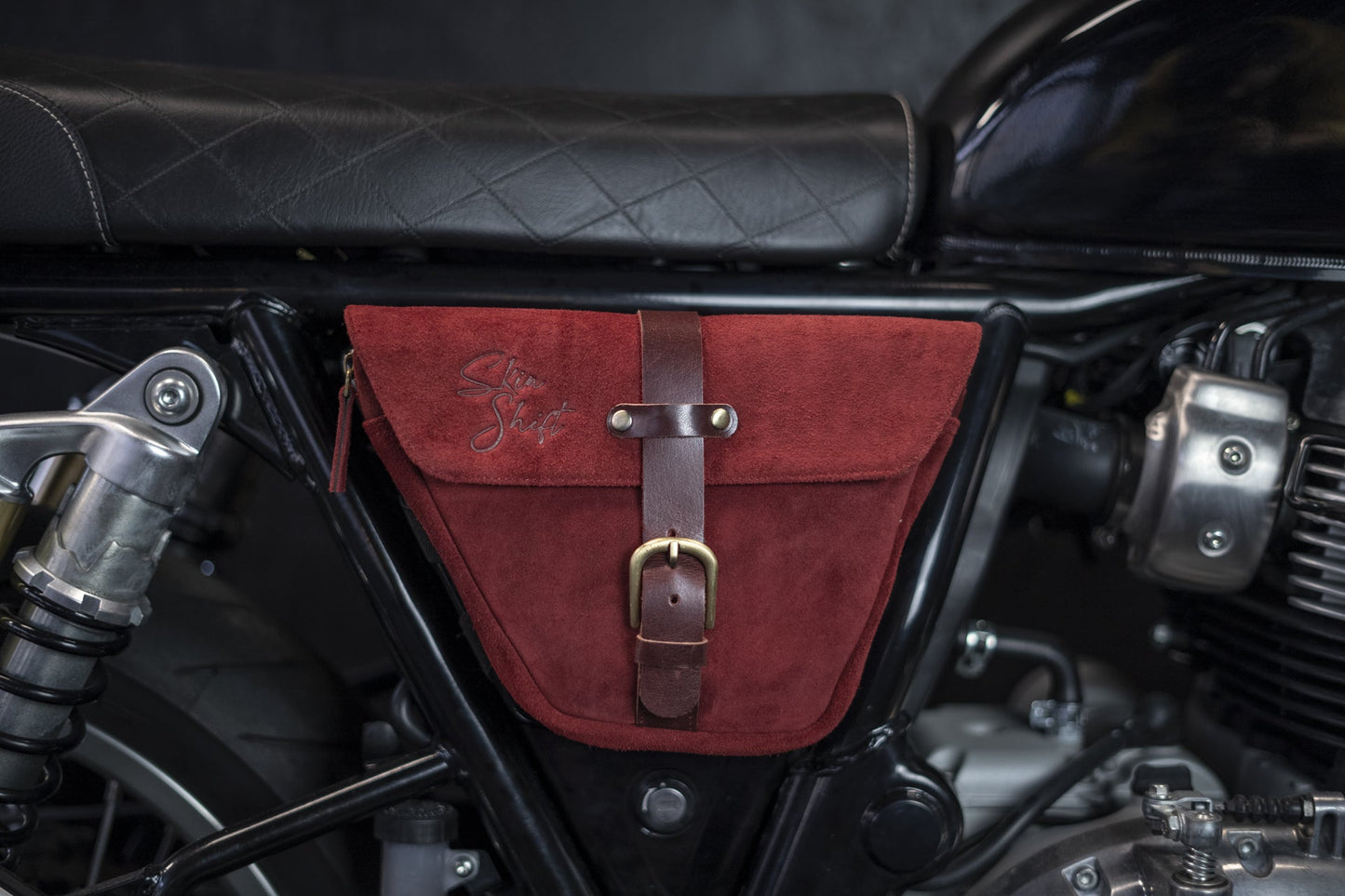 Burgundy leather side bag for Royal Enfield