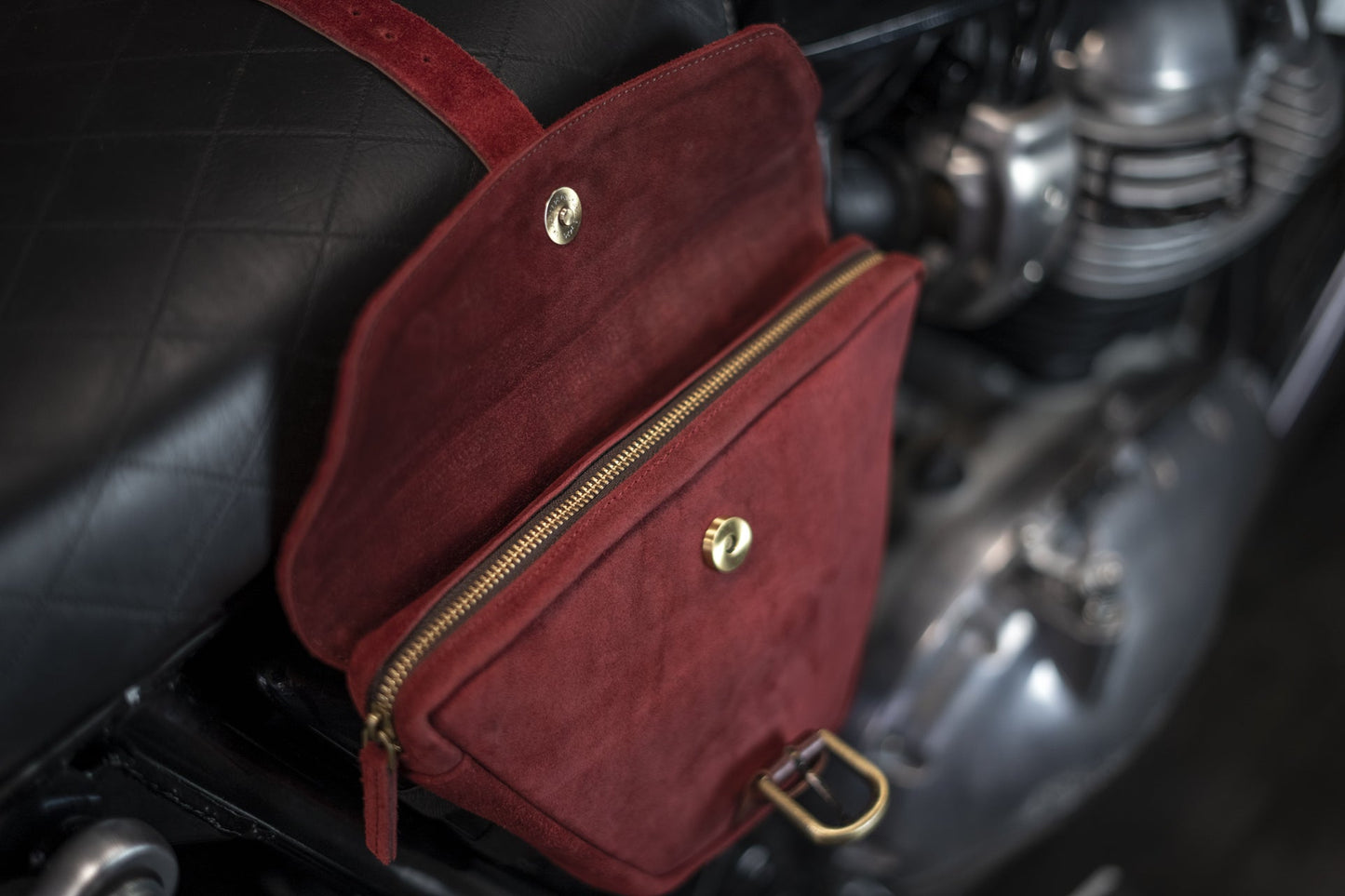 Burgundy leather side bag for Royal Enfield