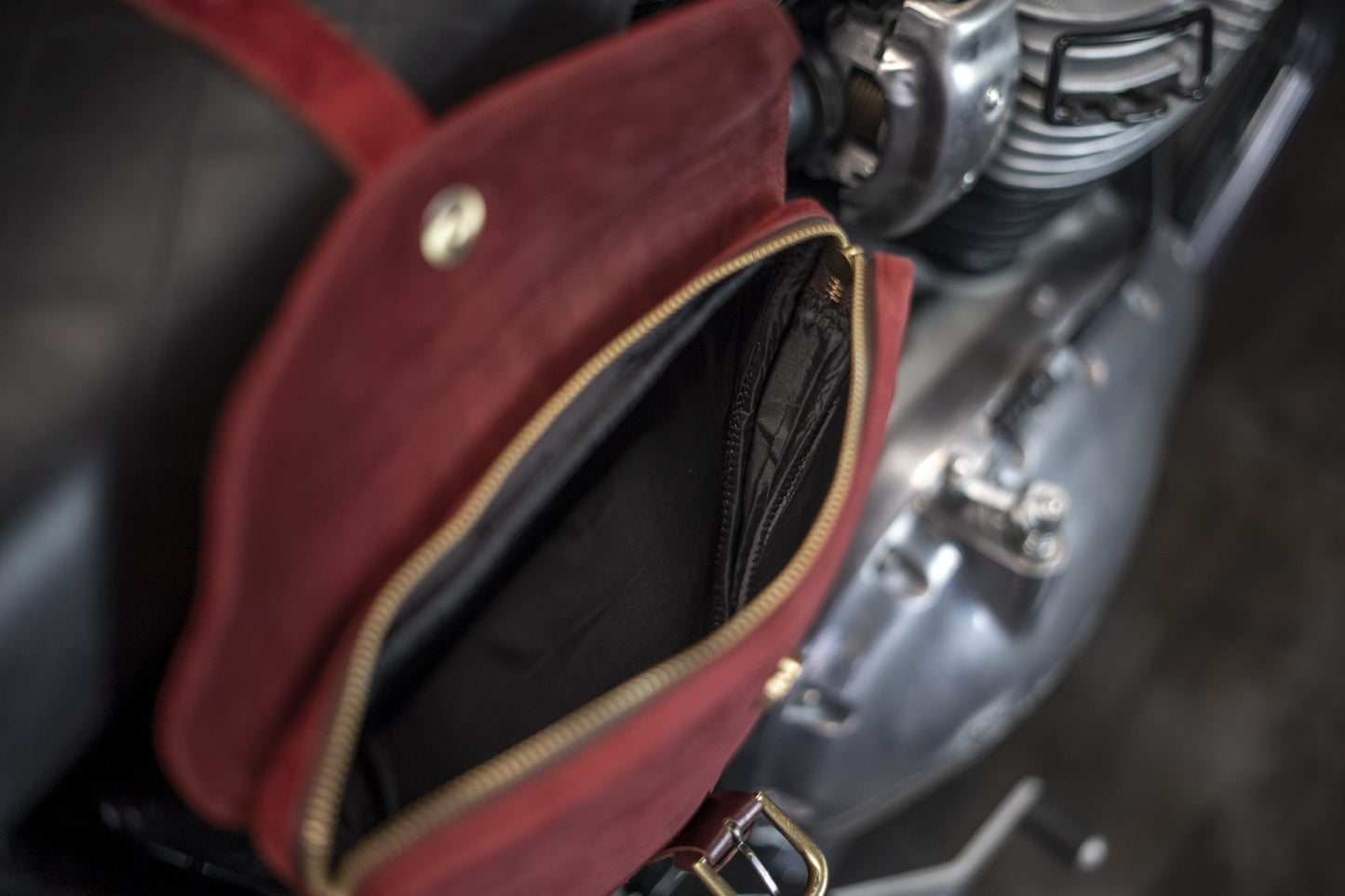 Burgundy leather side bag for Royal Enfield