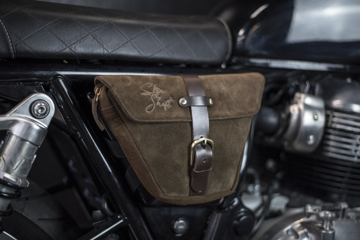 Brown leather side bag for Royal Enfield