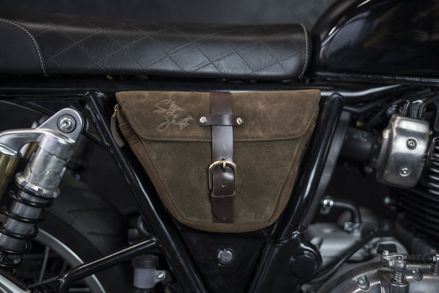 Brown leather side bag for Royal Enfield