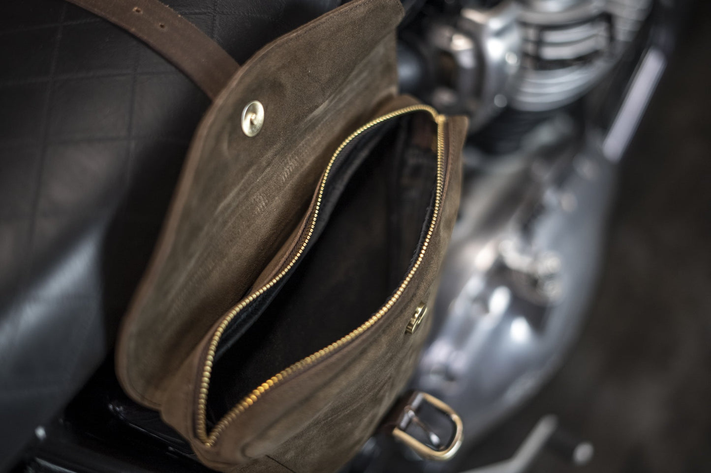 Brown leather side bag for Royal Enfield